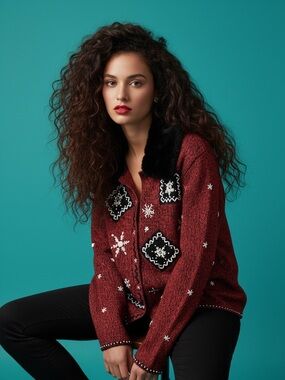 VTG East West Fashions Embroidered Holiday Cardigan Faux Fur Collar Size M